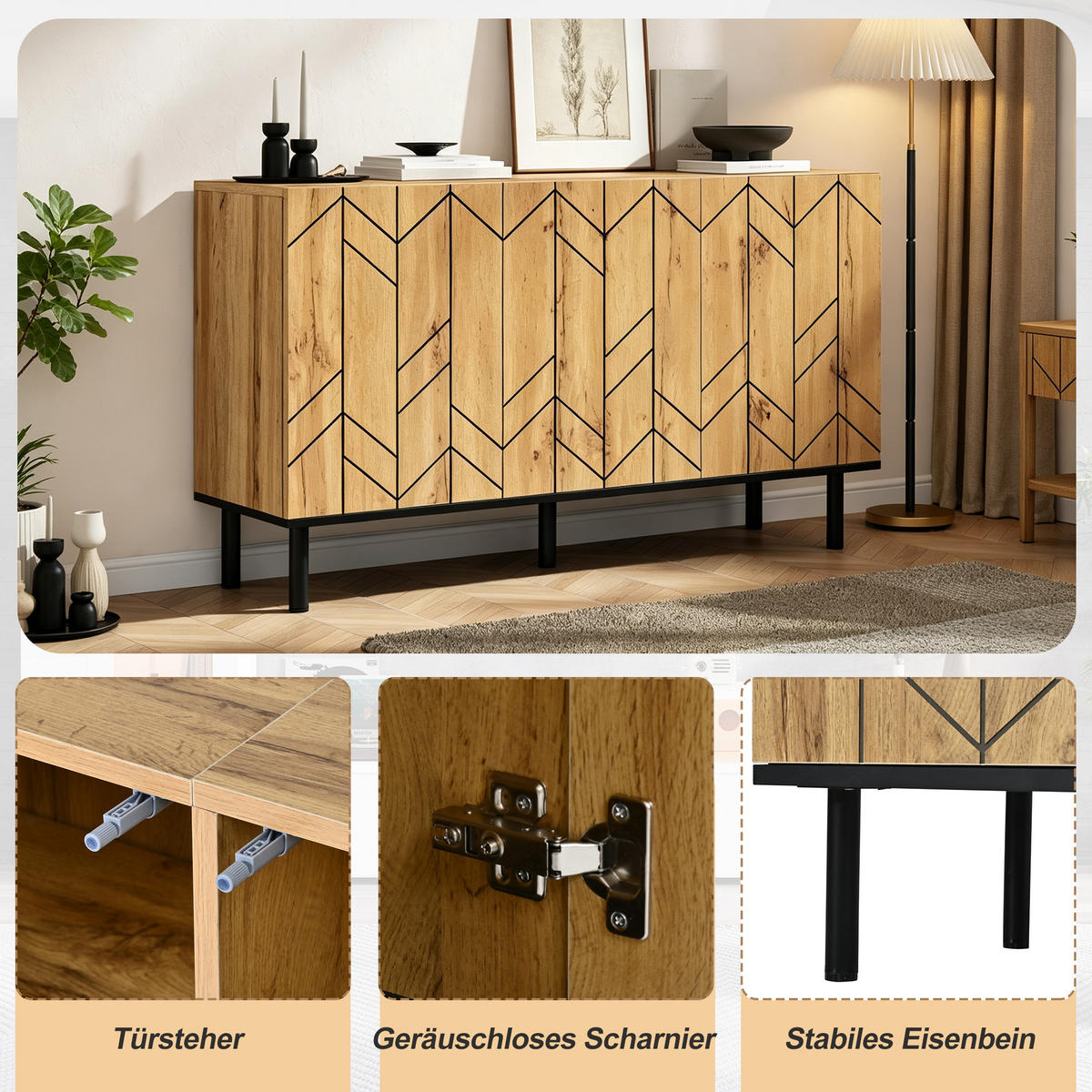SIDEBOARD 120cm 3 Türen Wellenmuster Naturholz Metallbeine - Naturfarben, Holzwerkstoff (120/70/35cm) - FLIEKS