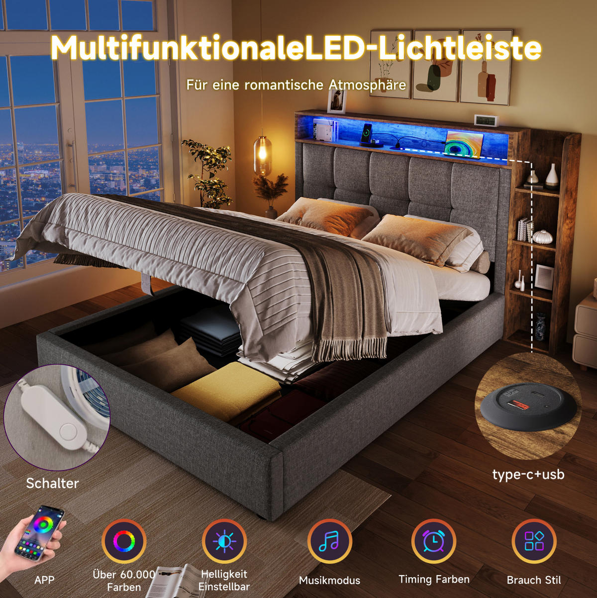 TAPECIRANI krevet 90/200 cm s LED osvjetljenjem, USB i Type-C priključkom te hidrauličnim spremištem, Siva - siva, tekstil (90/200cm) - Redom