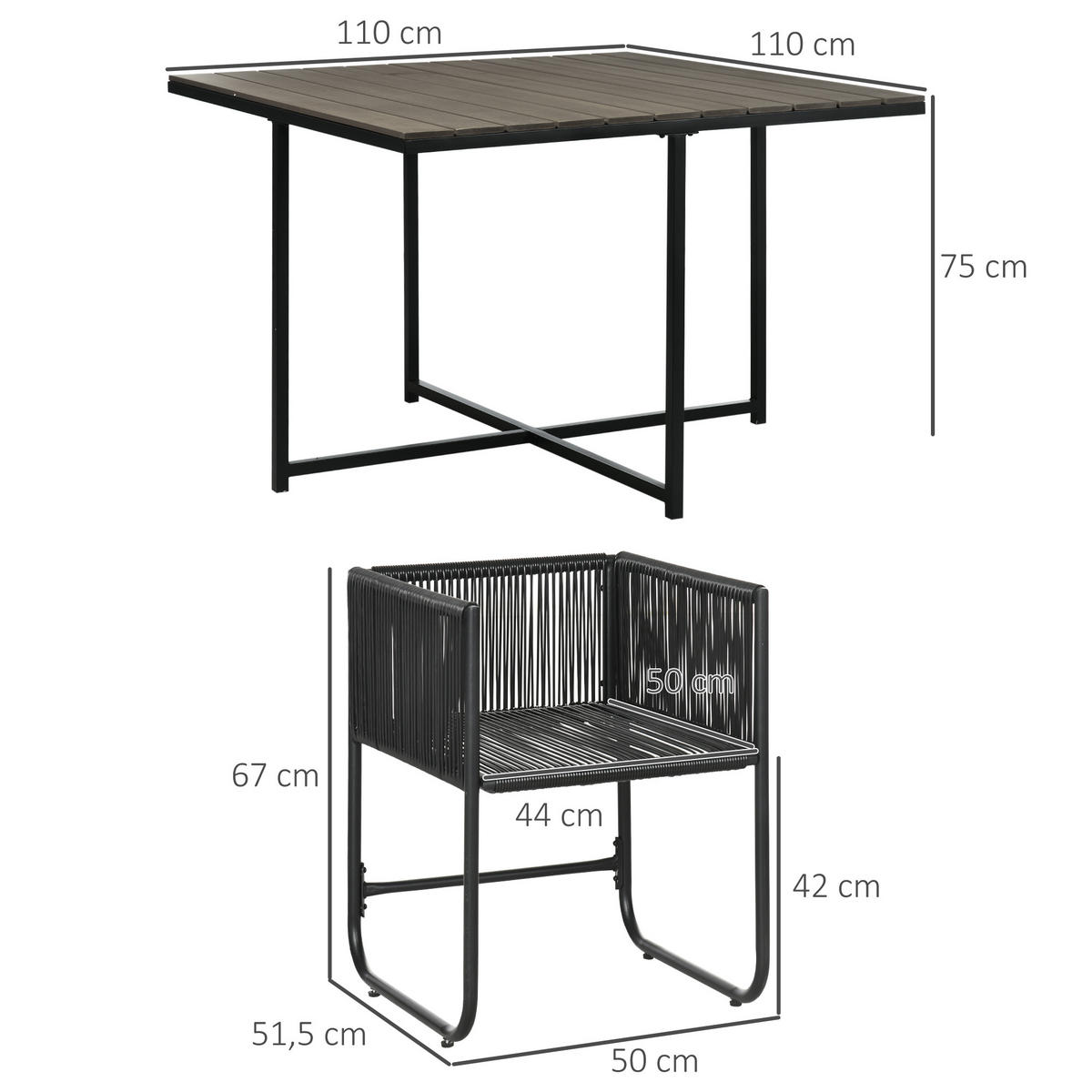 ESSTISCH mit 4 Stühlen, 5-tlg. Polyrattan Gartenmöbel Set, Gartensitzgruppe, Grau - Grau, Kunststoff - Outsunny