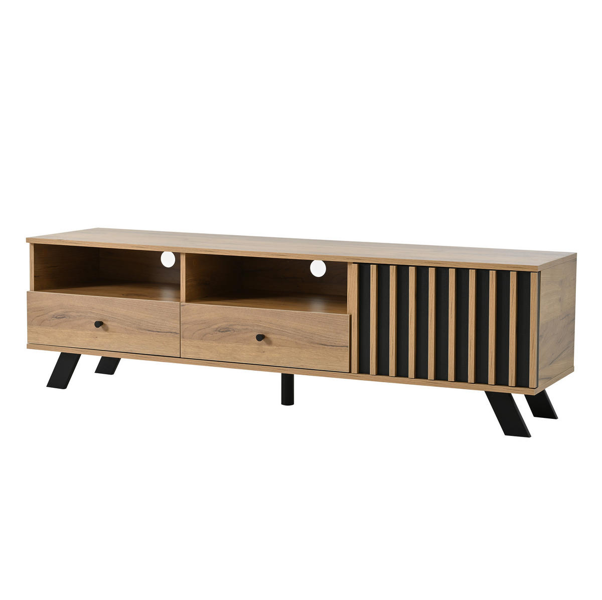 TV-LOWBOARD 150/38/44 cm mit 2 Schubladen, 1 Schrankfach und 2 offenen Fächern, Holzfarbe/Schwarz - Naturfarben, Holzwerkstoff (150/44/38cm) - Redom
