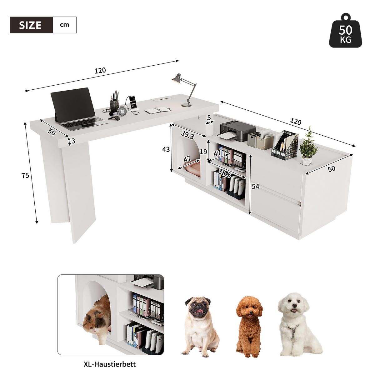 BÜROTISCH mit Stauraum und integriertem Haustierbereich – Weiß - Weiß, Holzwerkstoff/Metall (120/120/75cm) - Urban Meuble