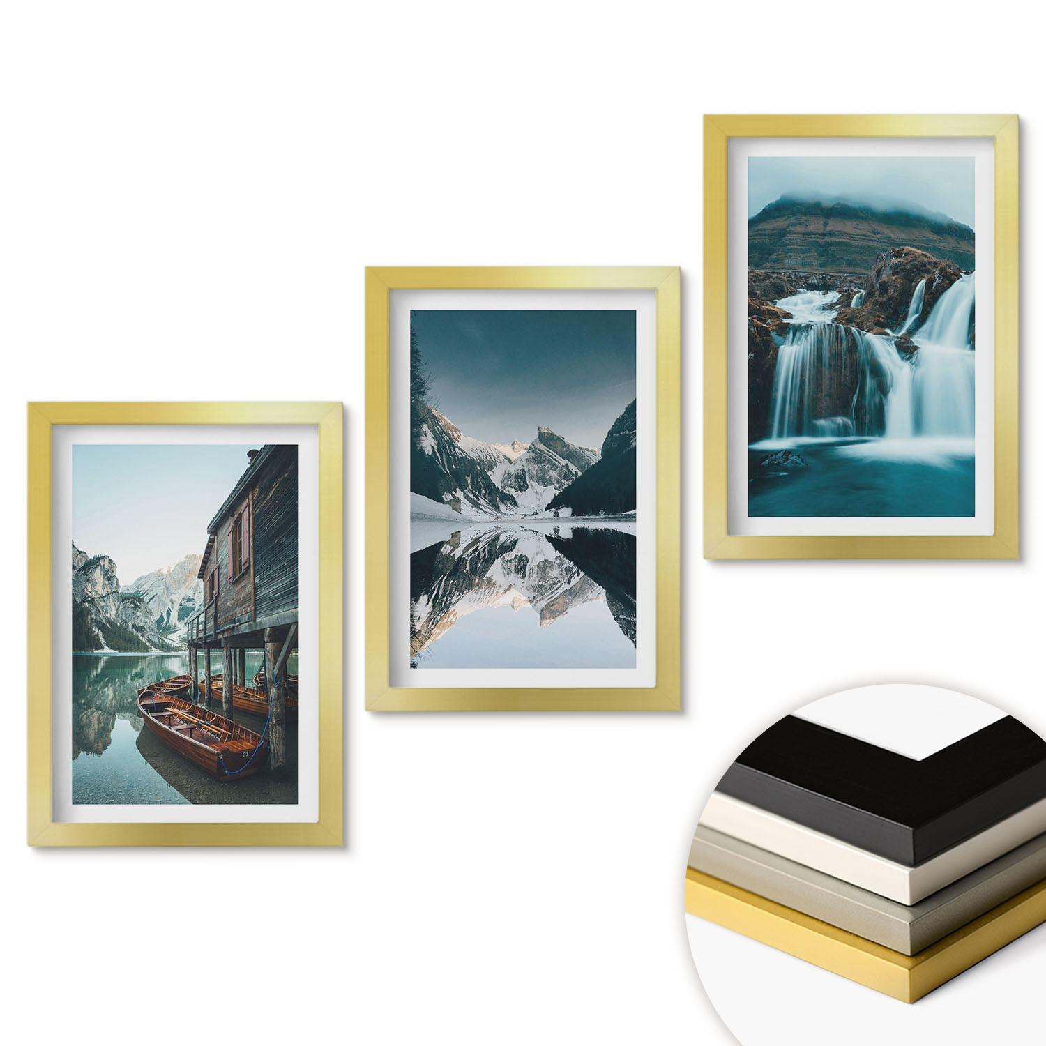 WANDBILDER 3er Set - 20x30 cm Goldrahmen - Berglandschaften Wasserfall See - Goldfarben, Kunststoff (20/30cm) - ArtPrintCave