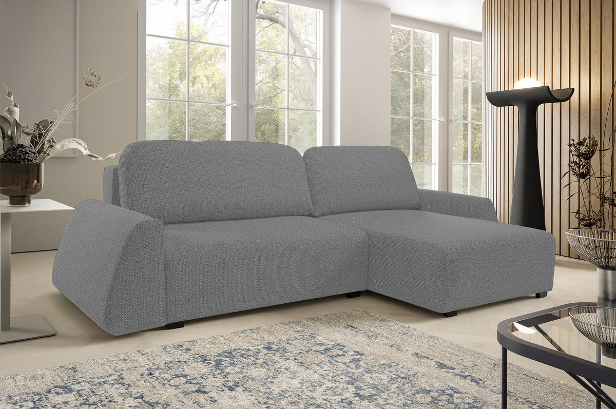 ECKSOFA ALMI mit Schlaffunktion, Bettkasten, Wellenfedern, Komfortable Sitzpolsterung, Elegantes Design, Rechte, 160x275 cm, Silber - Silberfarben, Holz/Textil (275/160cm) - DomoHome