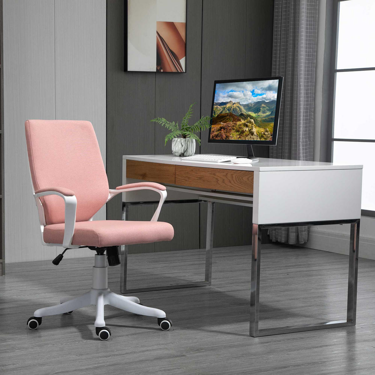 BÜROSTUHL Drehstuhl höhenverstellbarer dick gepolstert Polyester Rosa+Weiß - Hellrosa, Kunststoff (69/100/62cm) - Vinsetto