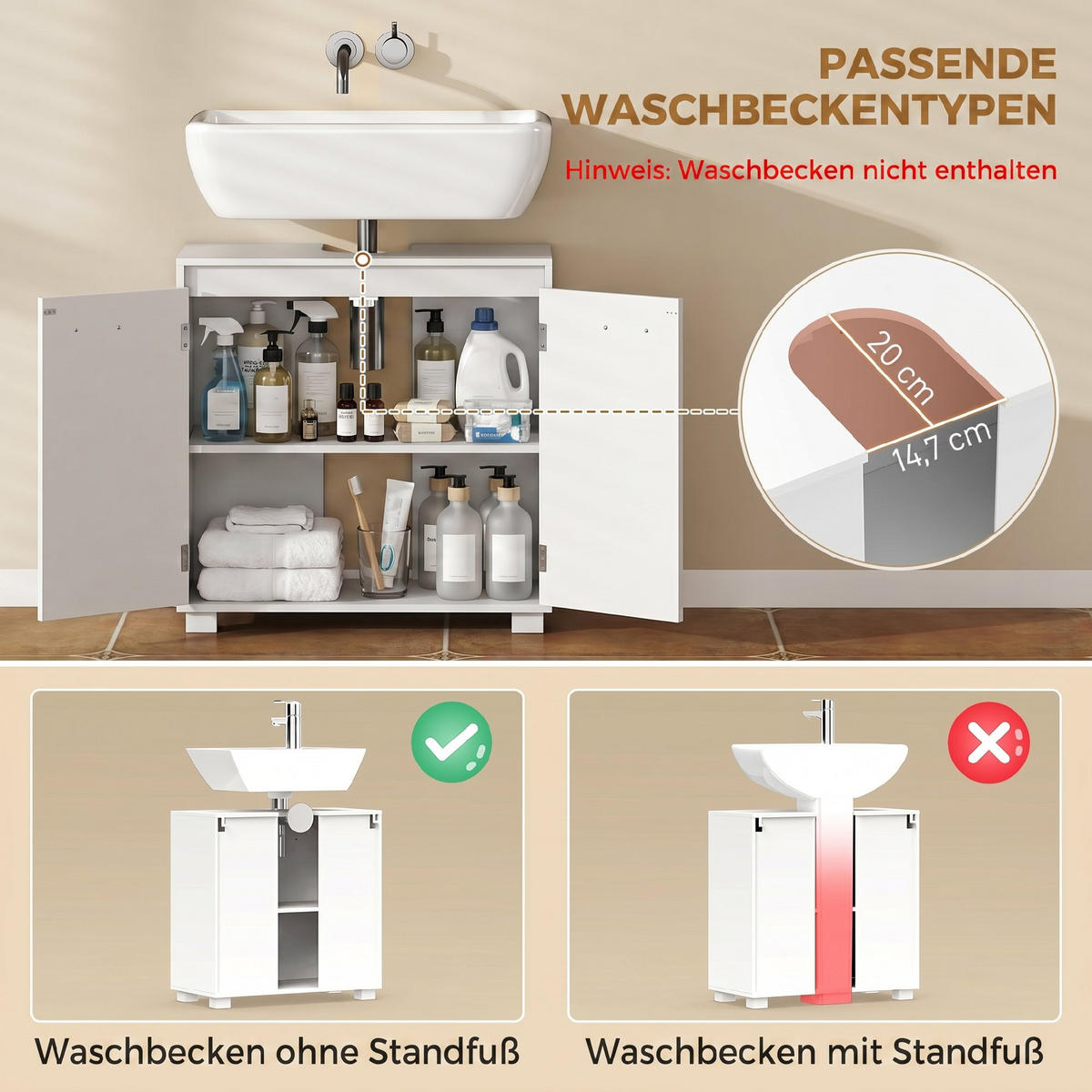 WASCHBECKENUNTERSCHRANK MDF Weiß - Silberfarben/Weiß, Holzwerkstoff/Metall (30/60/60cm) - HOMCOM