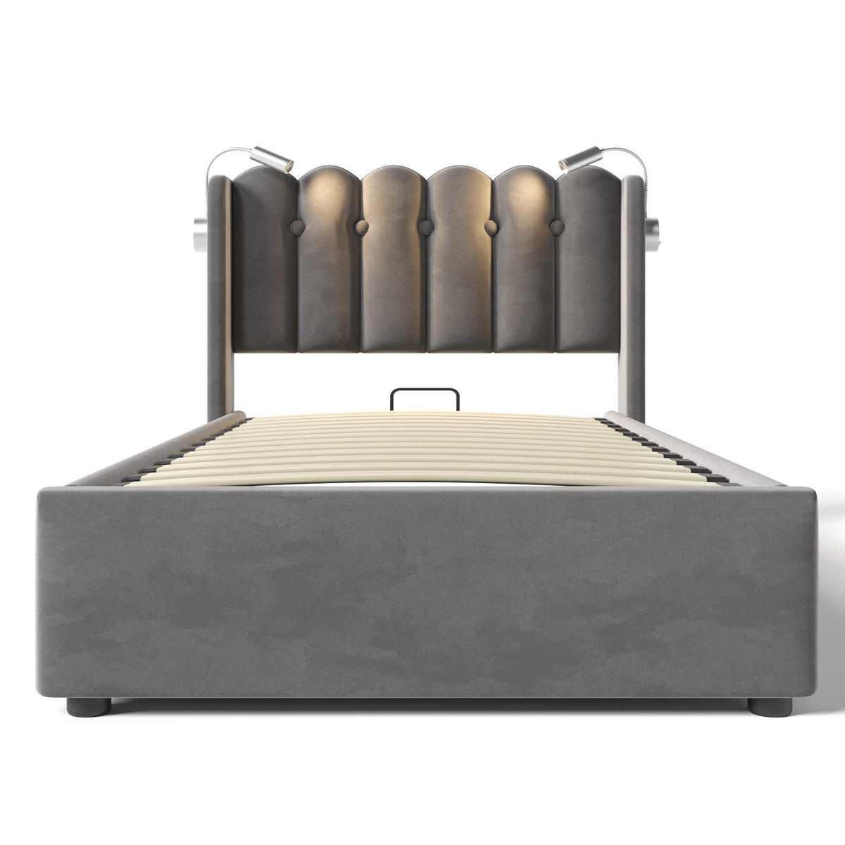 POLSTERBETT aus Samt 90x200 cm Grau mit Bettkasten, Leselicht und USB-Anschluss - Grau, Textil (90/200cm) - IVMEU