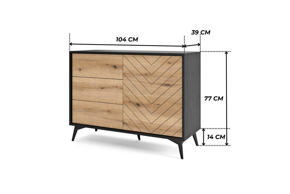 KOMMODE DIAMOND K1D3SZ (Eiche Evoke, Schwarz, Fischgrätmuster, Metallfüße, Push to Open) - Eichefarben/Schwarz, Holz/Holzwerkstoff (104/77/39cm) - Ravio