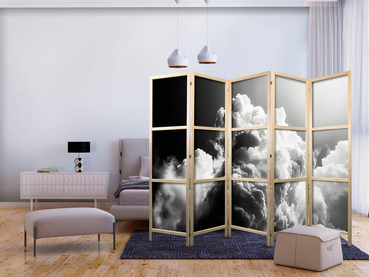 PARAVENT Japanischer 5-tlg 225x172 cm Schwarz-Wei e Wolken - Schwarz, Holz/Textil (225/172/3cm) - Muralo