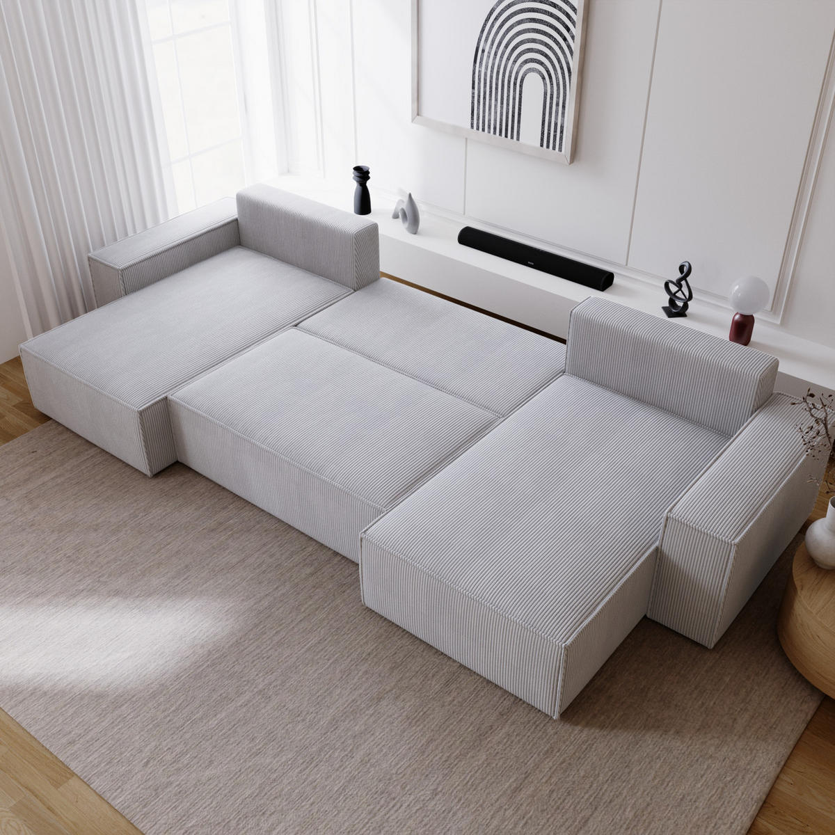 ECKSOFA U 380 cm Bergamo mit Schlaffunktion, Cordstoff, Hellgrau - Hellgrau, Holz (377/189cm) - Emporius