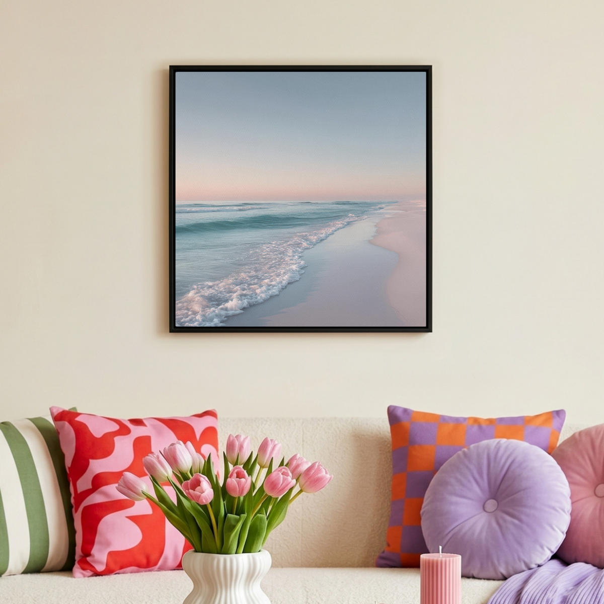 LEINWAND Bilder mit Rahmen - Küstenlinie - Pastell - Wasser - 50x50 - Pastellblau, Textil (50/50cm) - MuchoWow