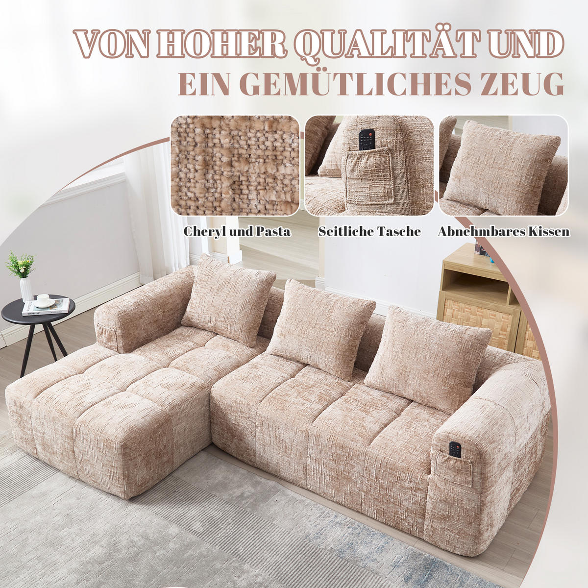 ECKSOFA 250/158/60 cm Khaki mit Seitentasche - Sandfarben, Textil (250/158cm) - Oxeza
