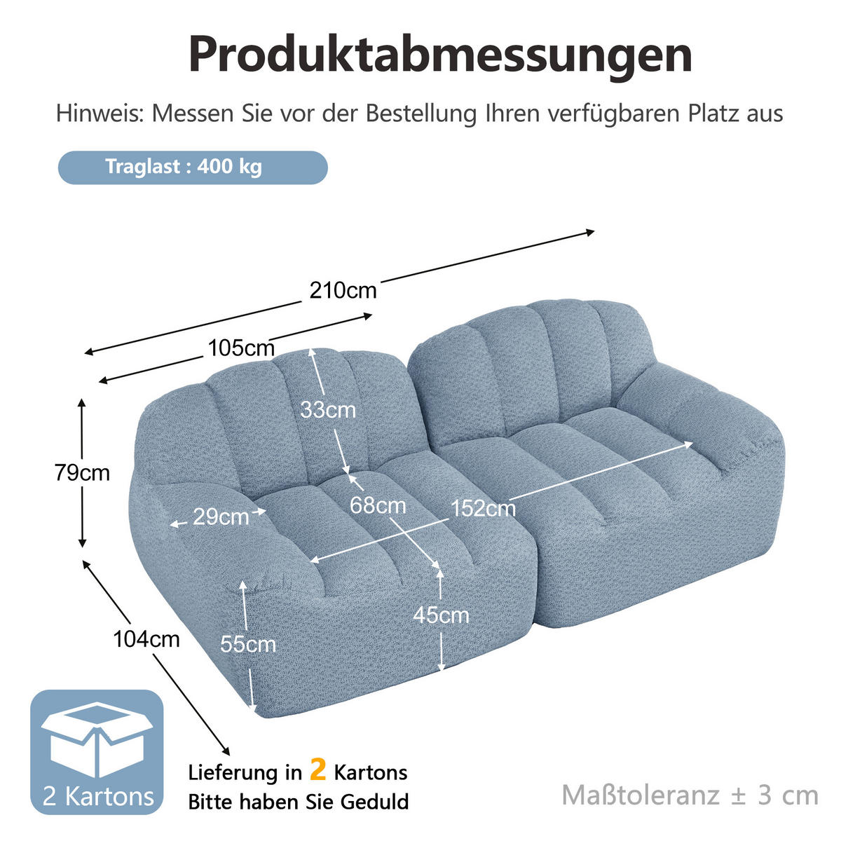 2-SITZER-SOFA DE-34312 Muschelform Blau - Blau, Textil (104/79/210cm) - ComfortXL