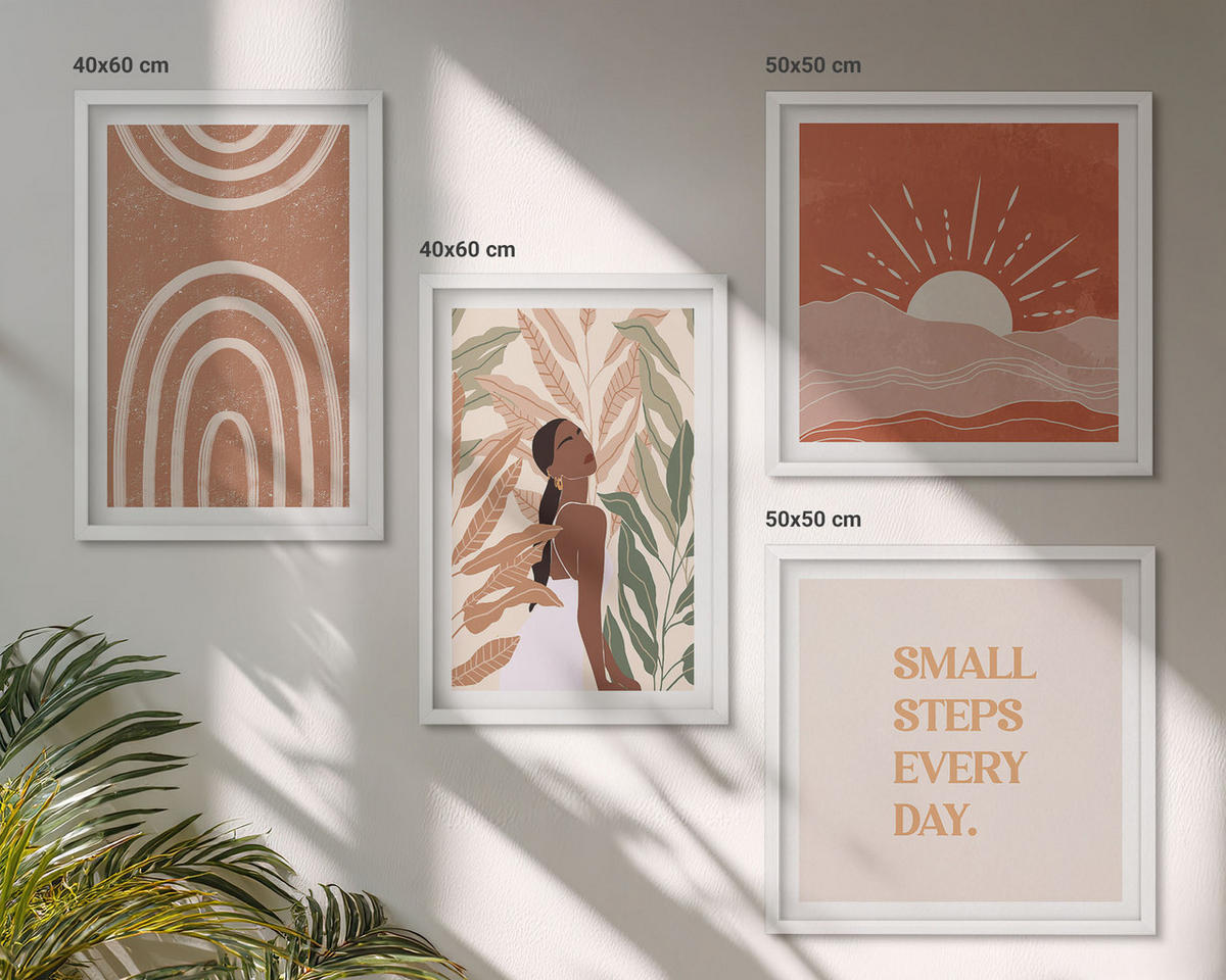 BILDER SET 4er Set - 50x50 cm & 40x60 cm Weißer Rahmen - abstrakte Formen im Boho-Stil - Weiß, Kunststoff (50/50cm) - TULUP