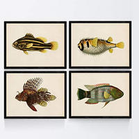 POSTER Set mit 4 FischWeinleseEffekt brauner gelber Ton A3 Rahmenlos - Klar, Papier (29.7/3cm) - Nacnic