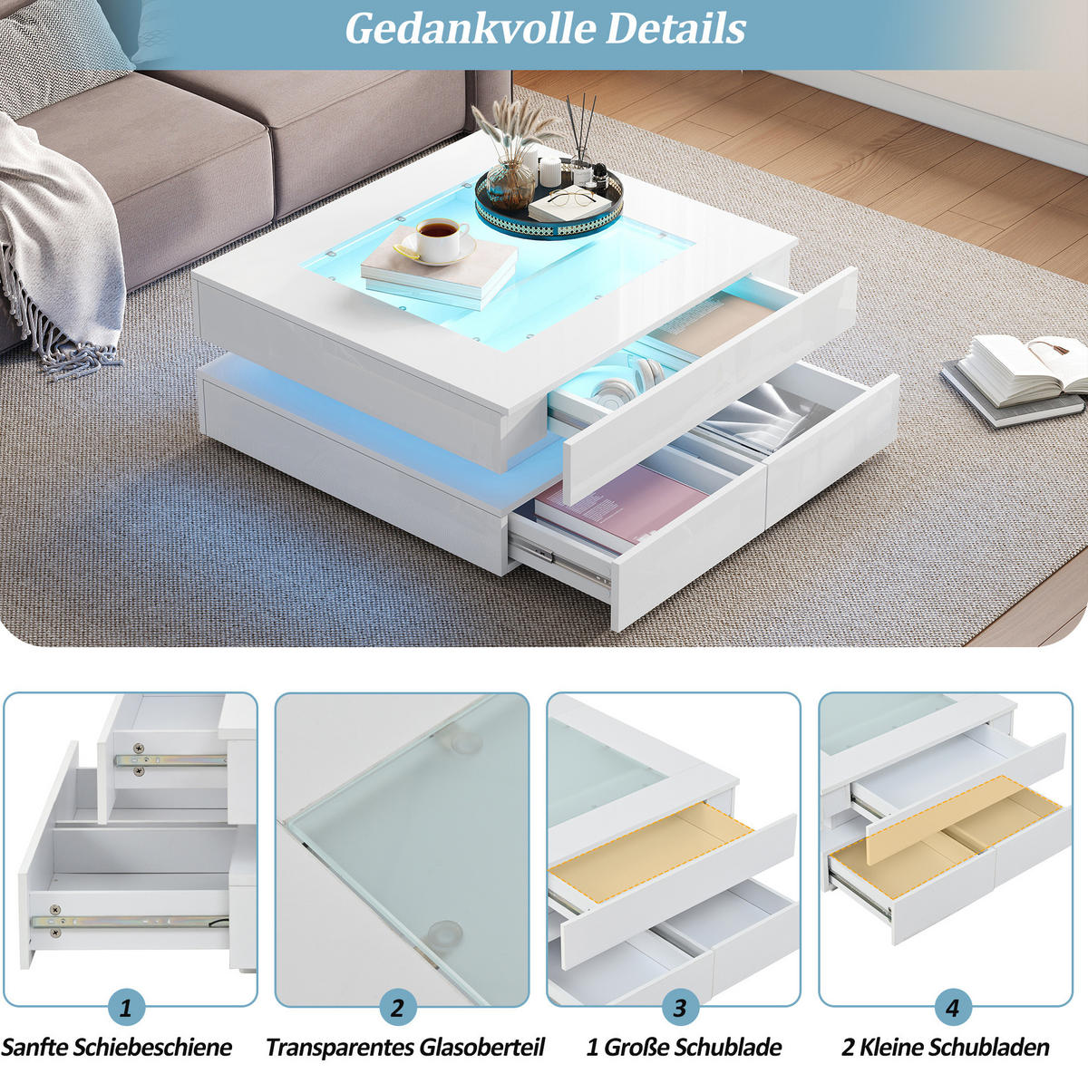 COUCHTISCH 70/70/35 cm mit LED-Beleuchtung, 3 Schubladen und Glastischplatte, Weiß - Weiß, Holzwerkstoff (70/70/35cm) - Modfu