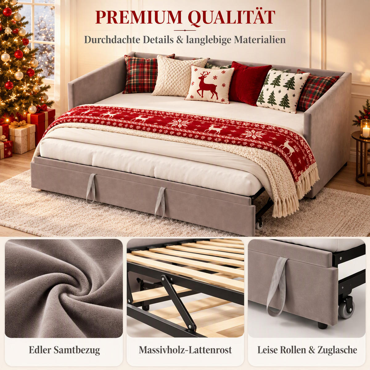 TAGESBETT 90/180/200 cm,Ausziehbar Schlafsofa,Grau,Polsterbett Samtstoff - Grau, Holz/Metall (180/200cm) - PARAFTA HOME