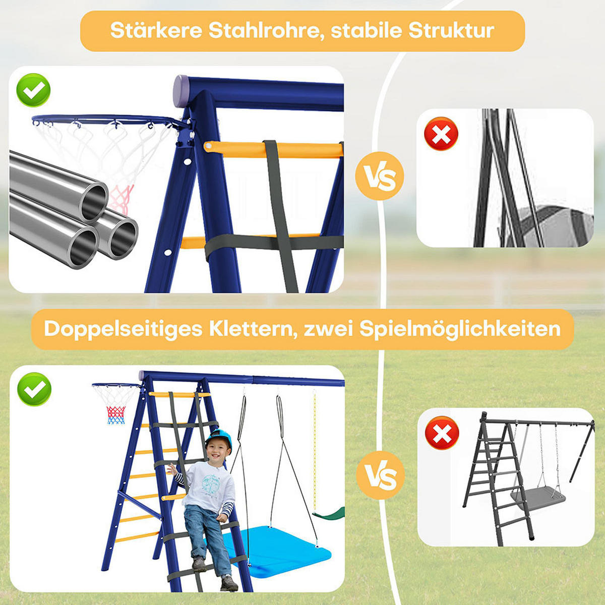 OUTDOOR-SCHAUKEL-SET mit 3 Schaukeln，Antikblau - Dunkelblau, Metall (174/310cm)