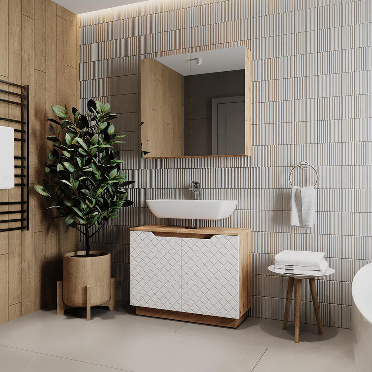 KOUPELNOVÝ NÁBYTEK Lotta Dub/bílá se strukturou dlaždic - bílá/barva dubu, kompozitní dřevo (79.6/62.1/32cm) - Vicco