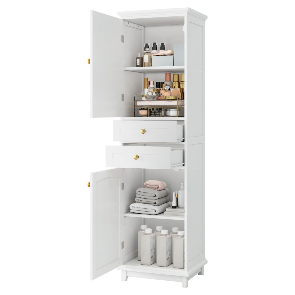 BADEZIMMERSCHRANK mit Glastüren, 2 Schränke, 2 Schubladen, verstellbare Einlegeböden, Weiß - Weiß, Holz (45/160/36cm) - PARAFTA HOME