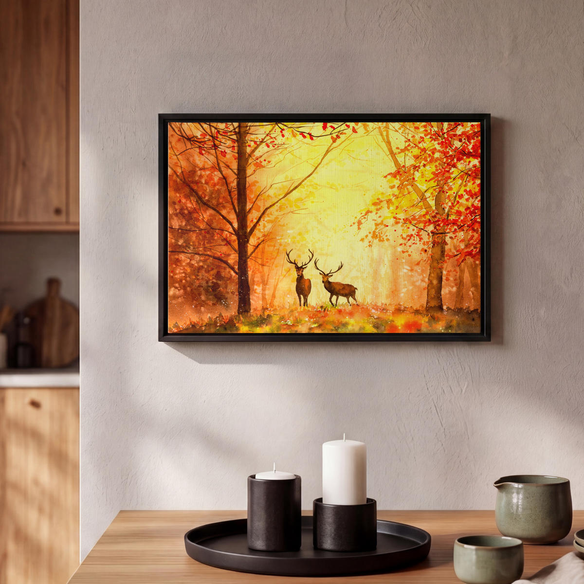 LEINWAND Bilder mit Rahmen - Natur - Ölfarbe - Hirsche - Tiere - Herbst - Orange - 30x20 - Orange, Textil (30/20cm) - MuchoWow