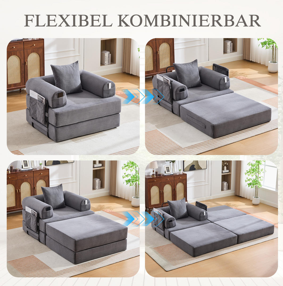 SESSEL mit Hocker 112/190/67 cm aus Cord, ergonomisch mit Seitentasche und Kissen, Dunkelgrau - Dunkelgrau, Textil (190/67/112cm) - Redom