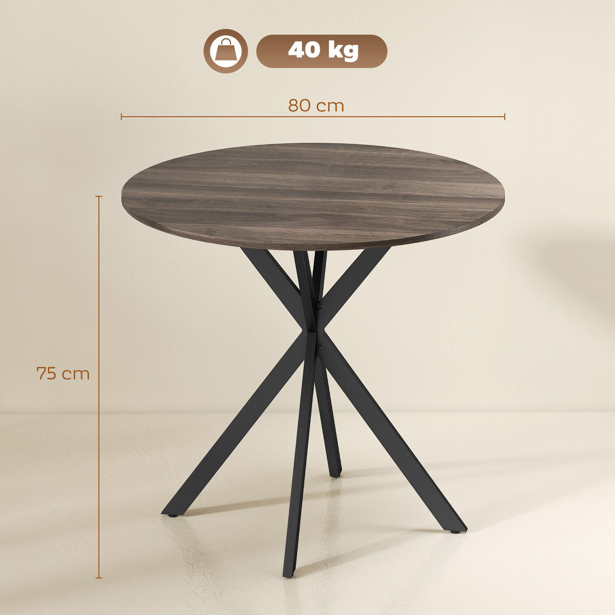 ESSTISCH Braun 80/80/75 cm - Schwarz/Braun, Metall (80/80/75cm) - PANGIVO