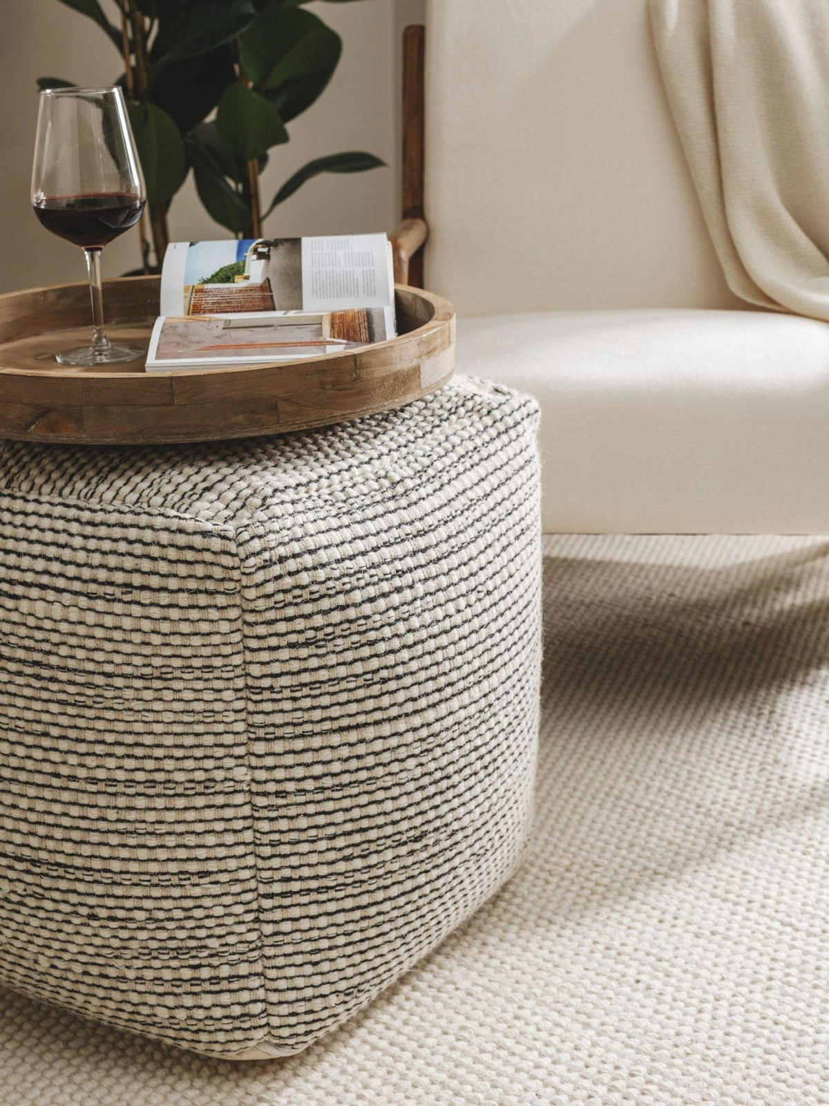 WOLL-POUF handgefertigt Rocco Beige/Schwarz 45x45x45 cm - Beige, Textil (45/45/45cm) - KUNSTLOFT