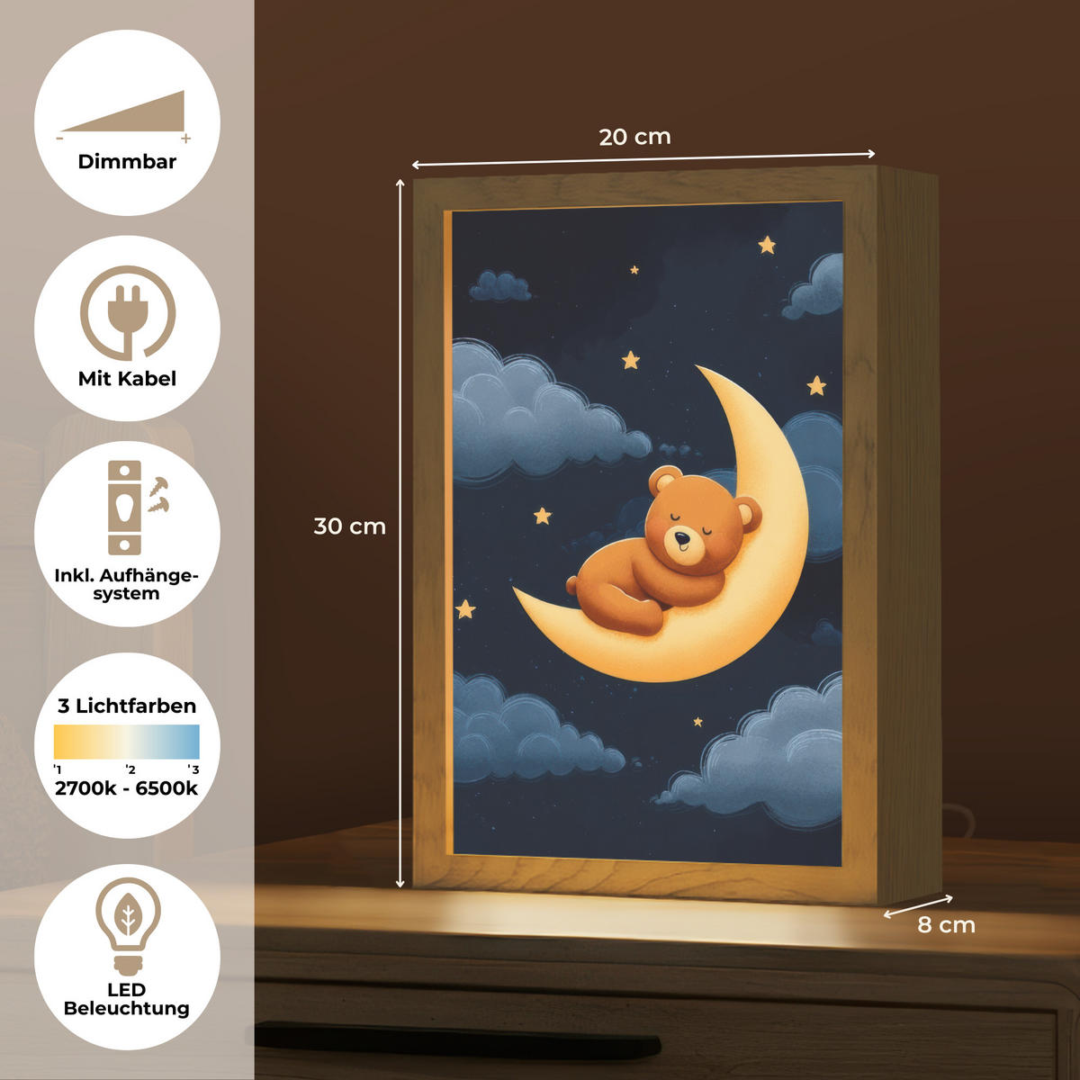 NACHTTISCHLAMPE Teddybär - Mond - Wolken - Sterne 20x30 cm - Dunkelblau, Holzwerkstoff (8/20/30cm)