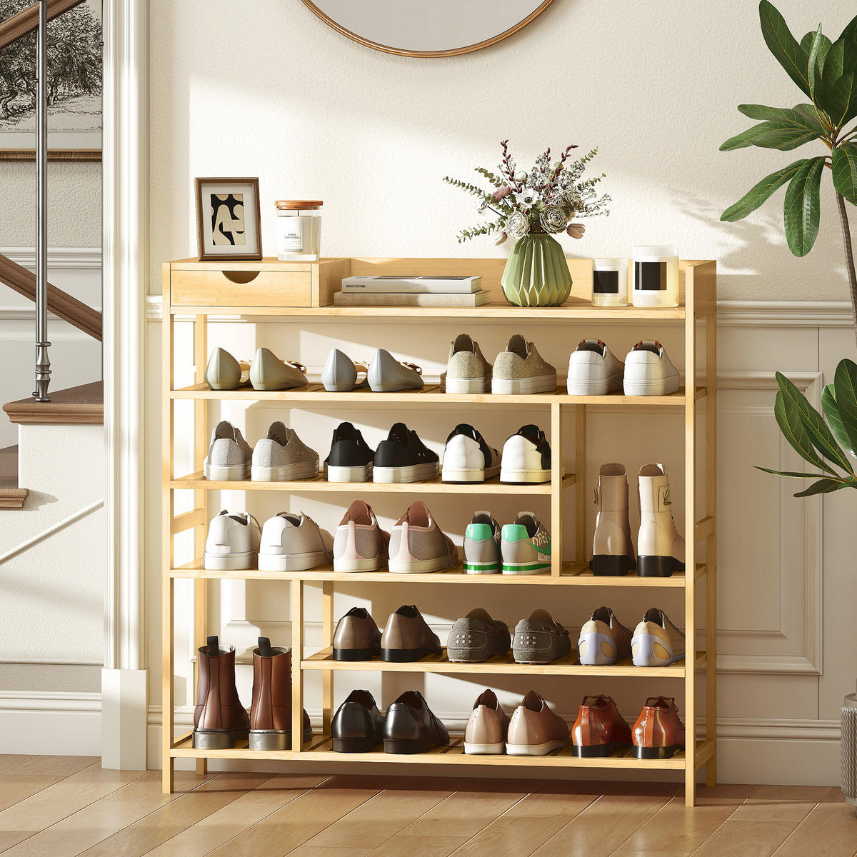 SCHUHREGAL, Schuhständer mit 6 Ebenen, Schublade für max. 18 Paar, Bambus - Naturfarben, Holz/Bambusholz (30/100/101cm) - HOMCOM