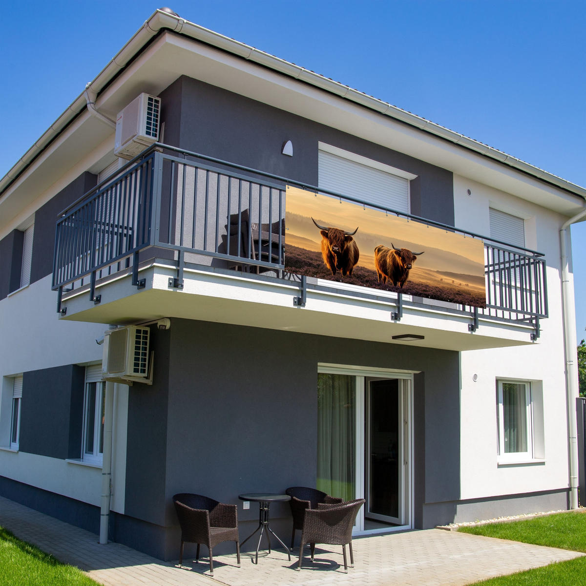 BALKON-SICHTSCHUTZ Schottische Hochlandbewohner - Heide - Landschaft - Tiere - Cognac, Kunststoff (300/110cm) - MuchoWow