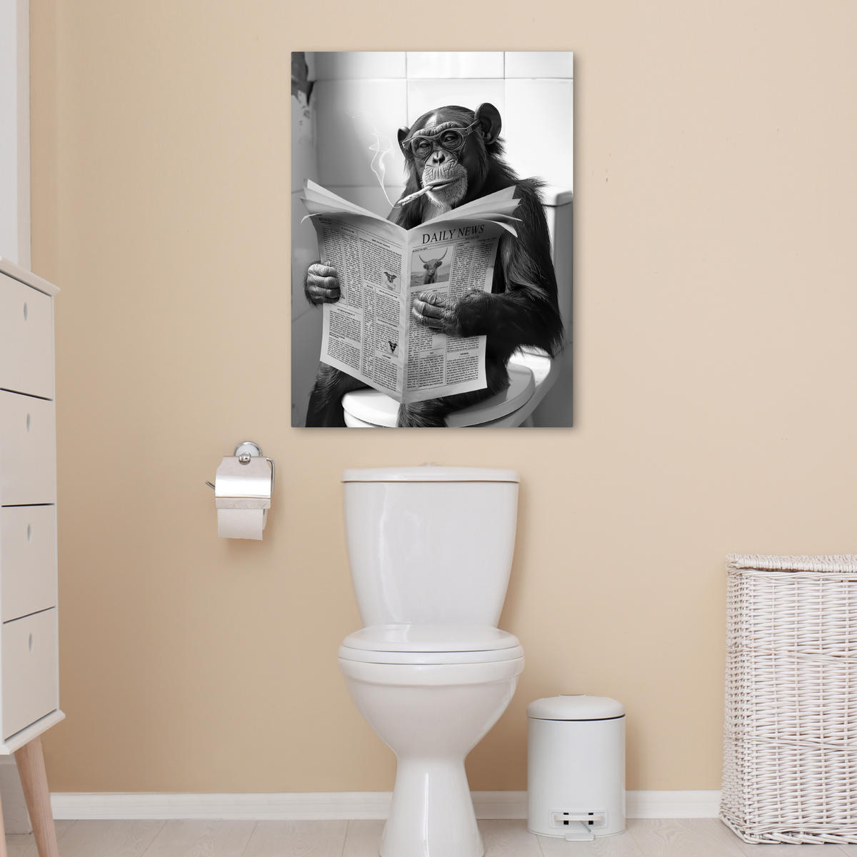 LEINWANDBILD Affe - WC - Zeitung - Schwarz-Weiß - Humor 50x70 cm - Hellgrau, Textil (50/70cm) - MuchoWow