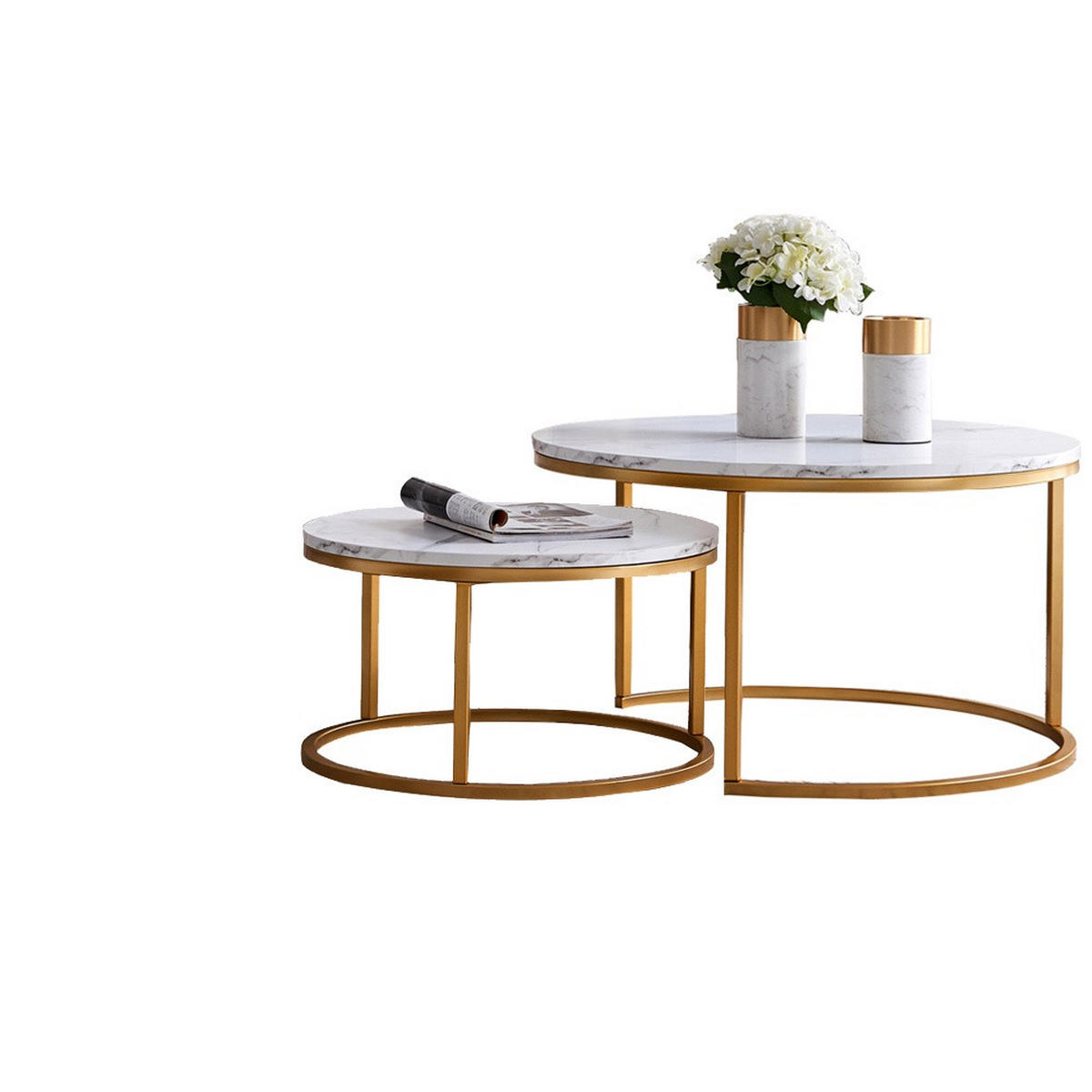 COUCHTISCH 2er-Set - Runder Beistelltisch in Marmoroptik Weiß mit Metallgestell - Gold - Goldfarben, Holzwerkstoff (80/80/45cm) - DELFA