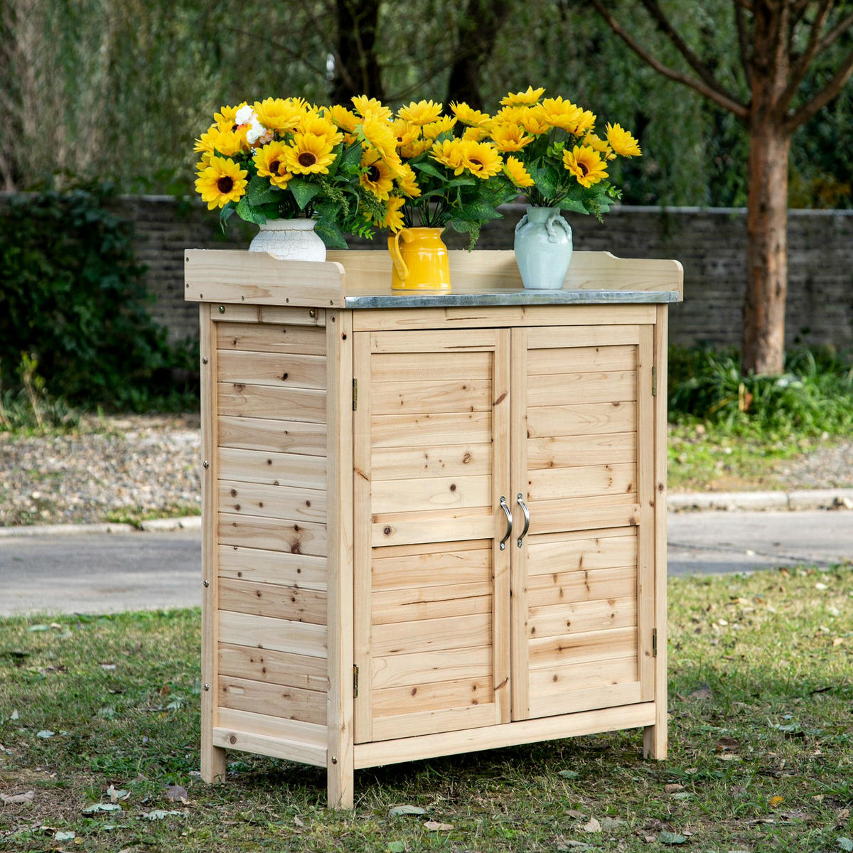 GARTENSCHRANK, Pflanztisch mit Unterschrank, Geräteschrank aus Tannenholz, Natur - Fichtefarben, Holz (40/92/83cm) - Outsunny