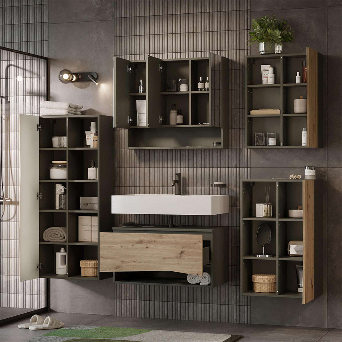 BADMÖBEL-SET Willow Artisan 5 Teile - Anthrazit/Hellgrau, Holzwerkstoff (80/42.8/43cm) - Vicco