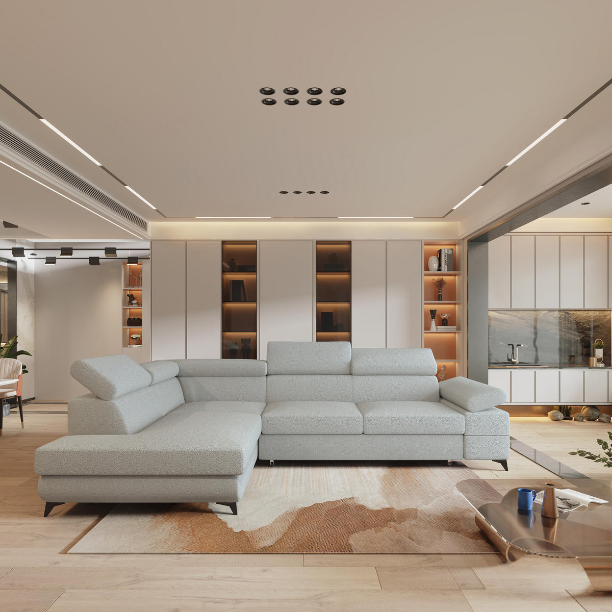 ECKSOFA FAVIEN L-S Hellgrau Boucle-Stoff mit Schlaffunktion - Hellgrau, Holz (257/190cm) - MASSENO