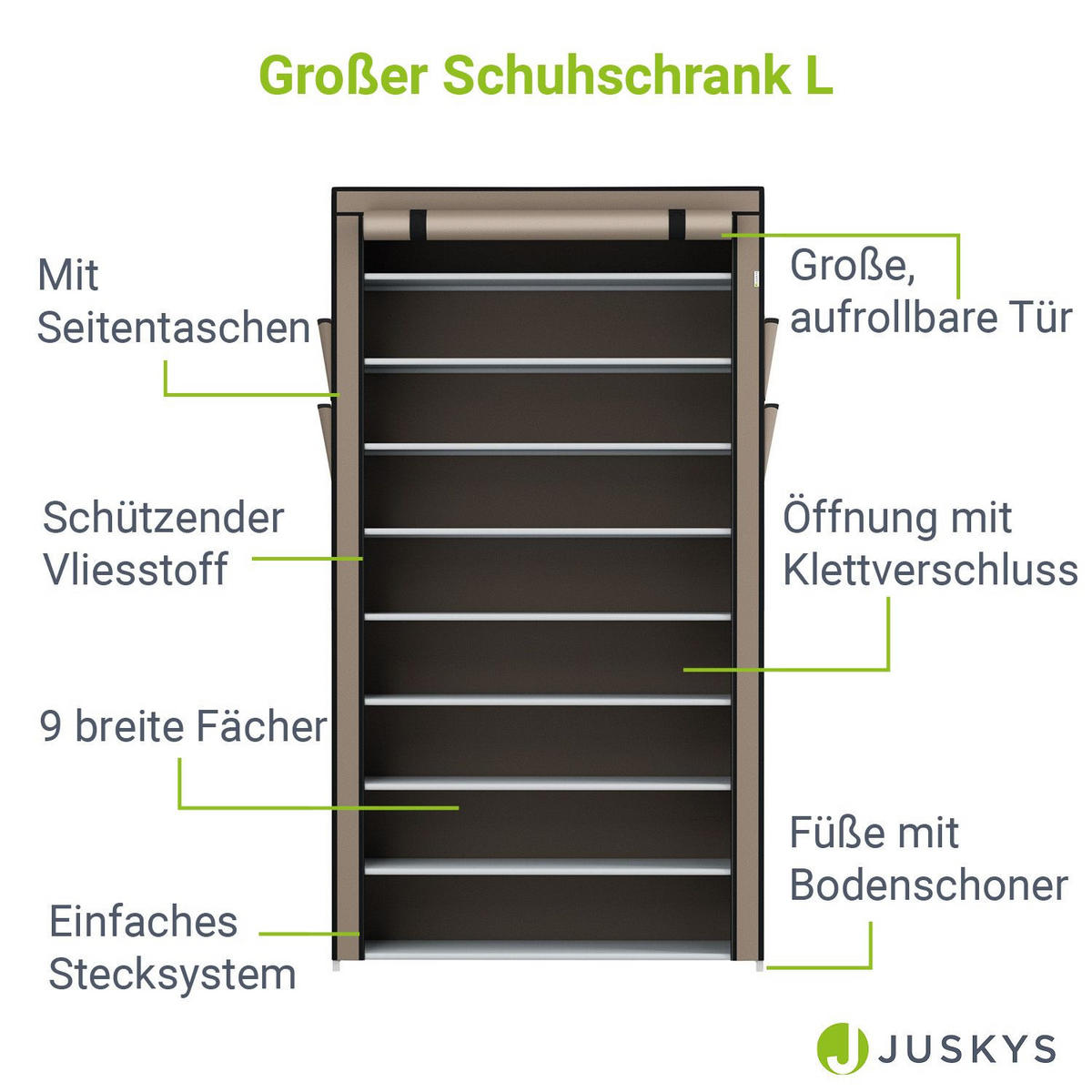 SCHUHREGAL mit Seitentaschen 160 x 88 cm hellbraun - Hellbraun, Textil (88/160/28cm) - Juskys