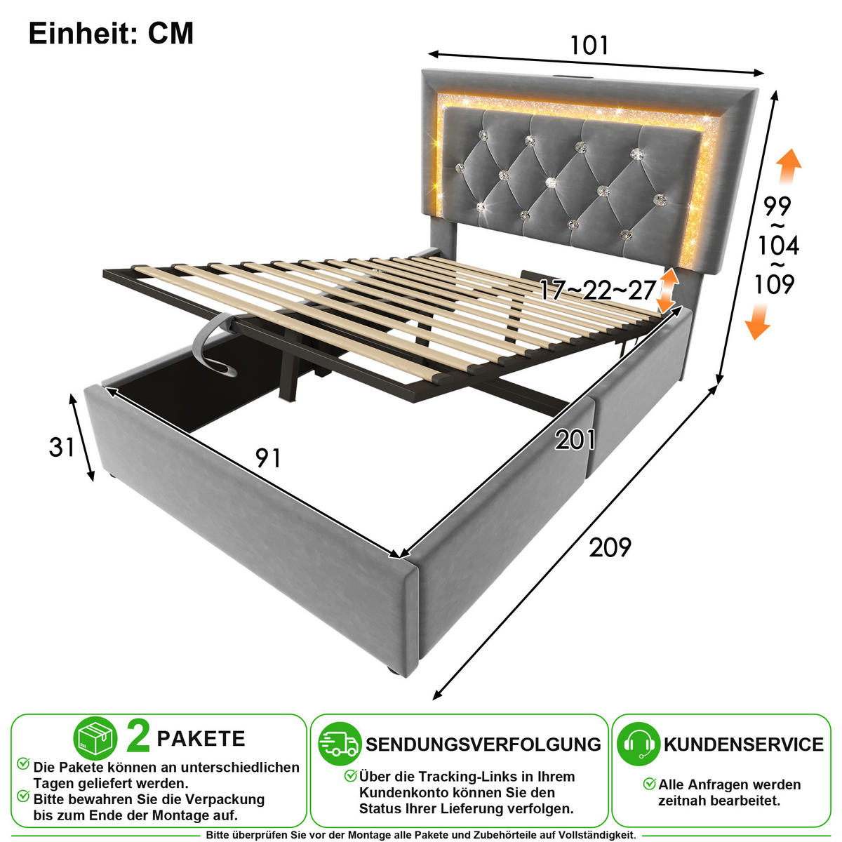 POLSTERBETT 90/200 cm in Grau Samt mit Bettkasten, LED, USB und Type-C - Grau, Holzwerkstoff/Textil (90/200cm) - CHICFURN