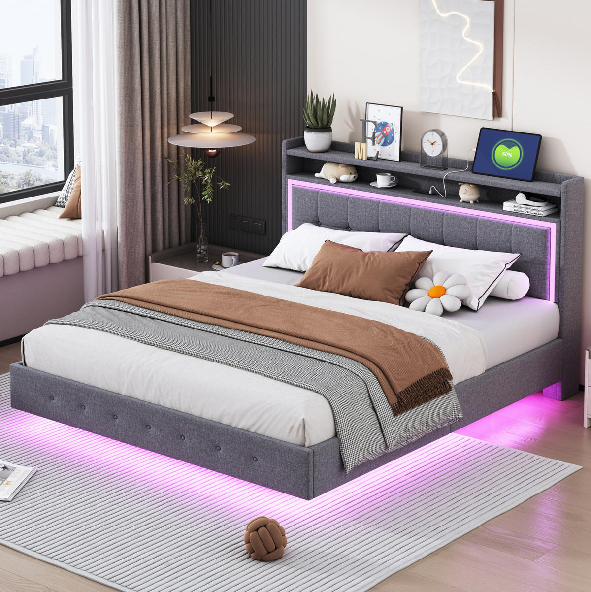 POLSTERBETT mit USB und LED 160x200 cm Grau - Grau, Metall (160/200cm) - Meubliv