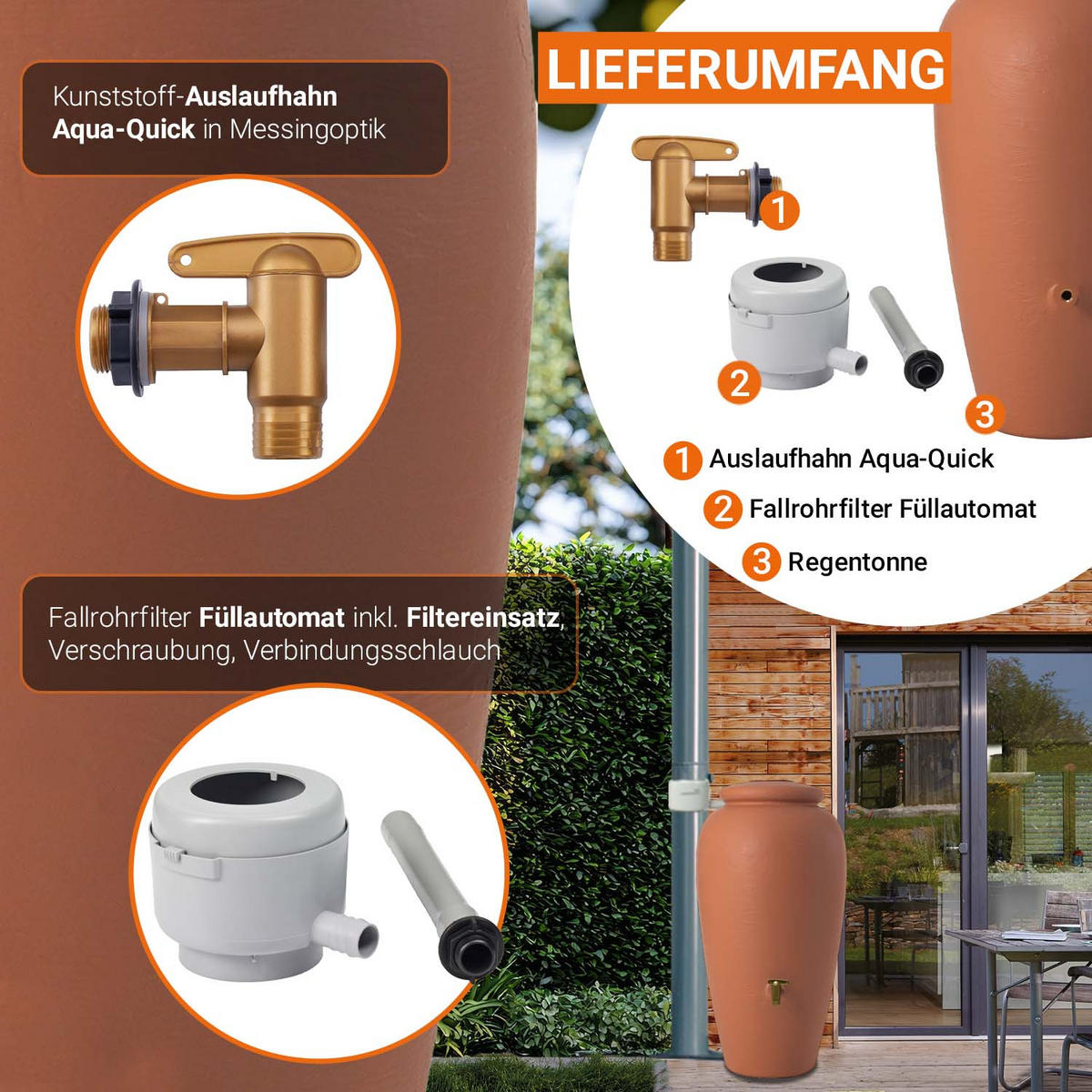 AMPHORE Regentonnen Komplett-Set 500 L kotta - Terracotta, Kunststoff (79/150/79cm) - GARANTIA