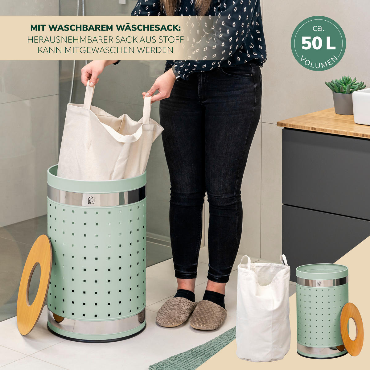 WÄSCHETONNE 50 Liter, grün - Grün, Metall (35.5/57.5/35.5cm) - eluno