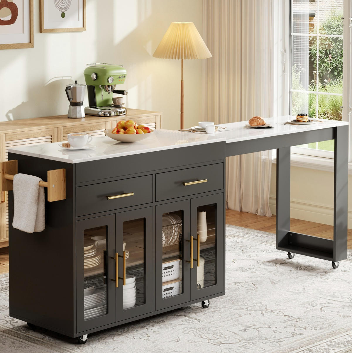 KÜCHENINSEL ausziehbar 132,5-217 x 50 x 93 cm MDF Black 3-tlg. - Schwarz, Holz (50/93/217cm) - Beauniv