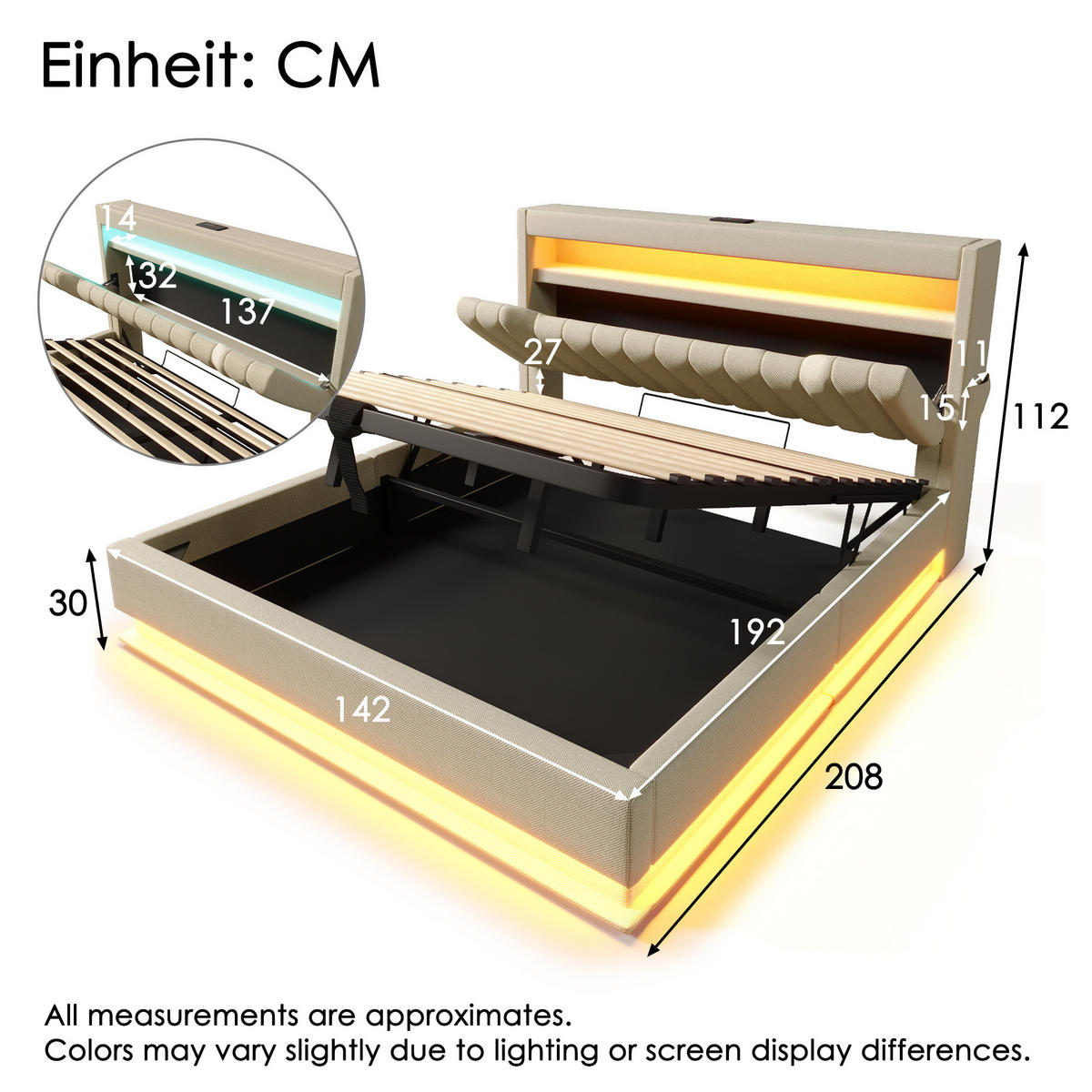 POLSTERBETT 140/190 cm mit LED-Beleuchtung, USB- und Type-C-Anschlüssen sowie hydraulischem Stauraum, Beige - Beige, Textil (140/190cm) - Redom