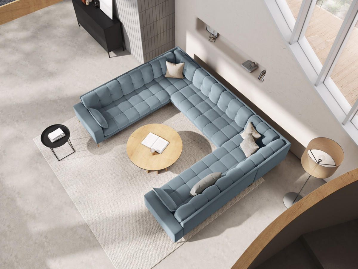 PANORAMASOFA Mamaia aus Samt hellblau 6 Sitzplätze - Hellblau, Textil (185/75/383cm) - Micadoni