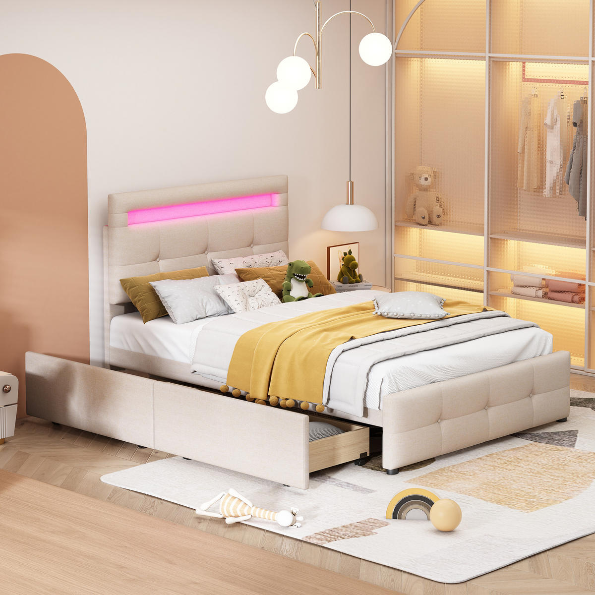 POLSTERBETT 90/200 cm beige aus Holz mit LED und 2 Schubladen - Beige, Holzwerkstoff (90/200cm) - OKWISH