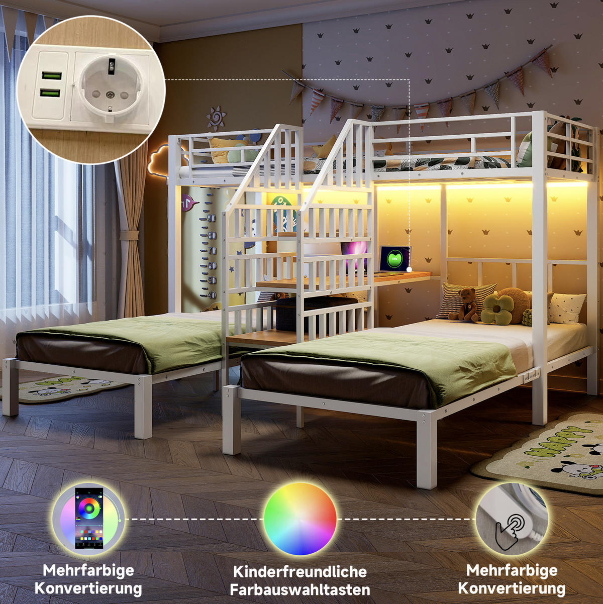 ETAGENBETT aus Metall und MDF 90x200 cm Weiß mit LED, USB-Anschlüssen, Steckdose, Schreibtisch und Stauraumstufen - Weiß, Metall (90/200cm) - Modfu