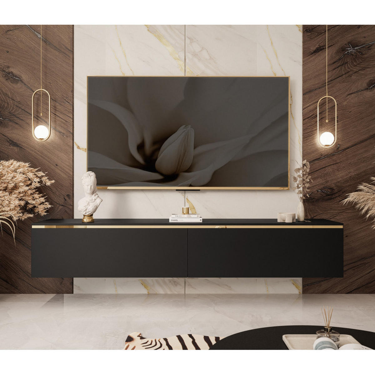 HÄNGESCHRANK TV-Möbel AURORA Schwarz Matt mit LED Beleuchtung - Schwarz, Holzwerkstoff (180/32/40cm) - Lookway