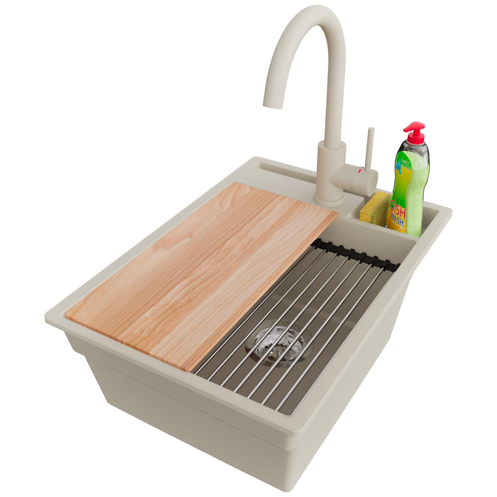 GRANITSPÜLE Oslo Pocket, 2-er set Beige 38/53 cm 1 Becken + Küchenarmatur 32/20 cm + Ablauf-Set + Küchenzubehörset ab 40er Unterschrank - Chromfarben/Beige, Kunststoff (38/20/53cm) - Primagran