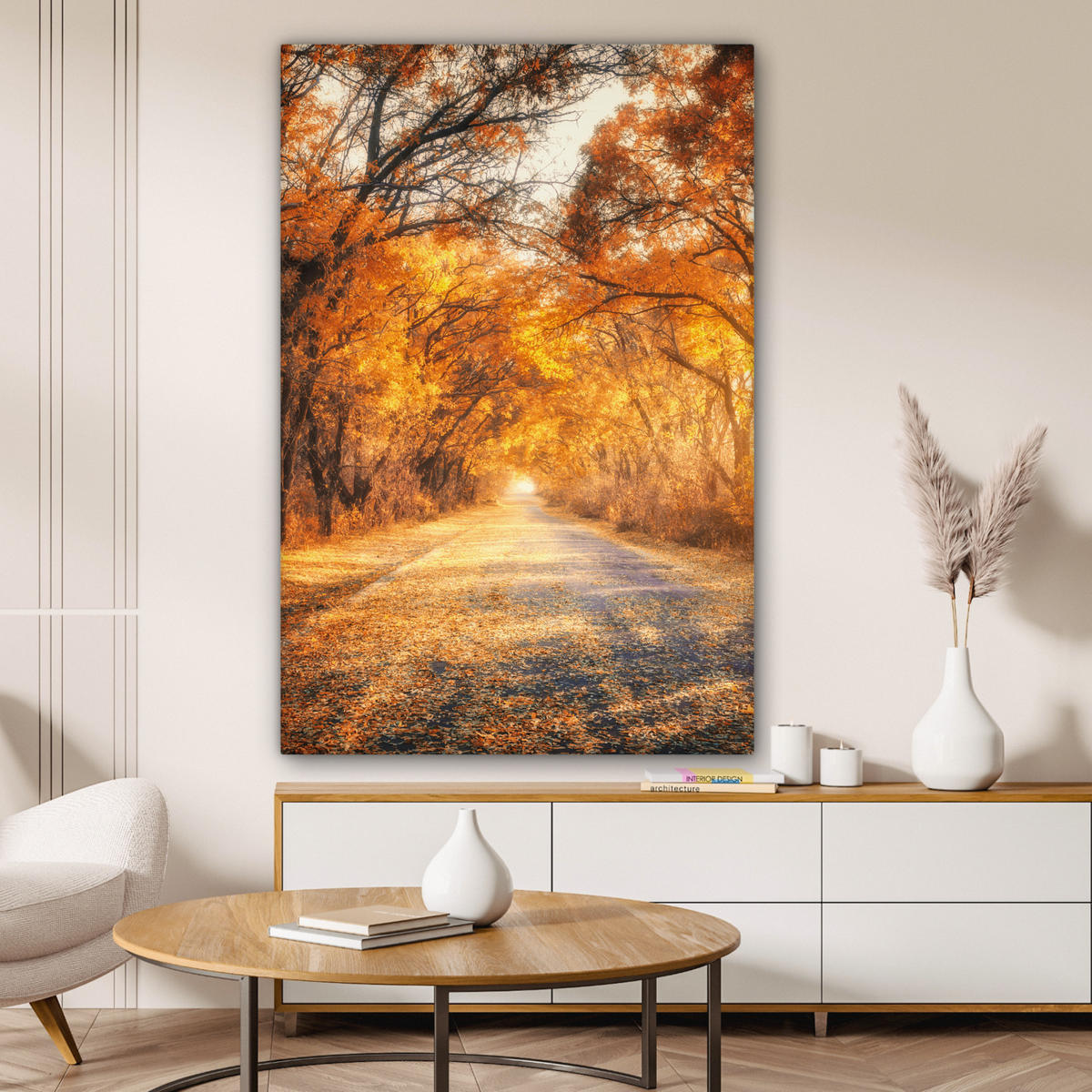 LEINWANDBILD Wald - Herbst - Bäume - Waldweg - Natur 80x120 cm - Bernsteinfarben, Textil (80/120cm) - MuchoWow