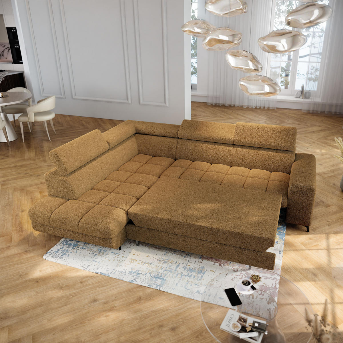 ECKSOFA MORIVA Q L-S Orange Boucle-Stoff mit Schlaffunktion - Orange, Holzwerkstoff/Textil (253/190cm) - MASSENO