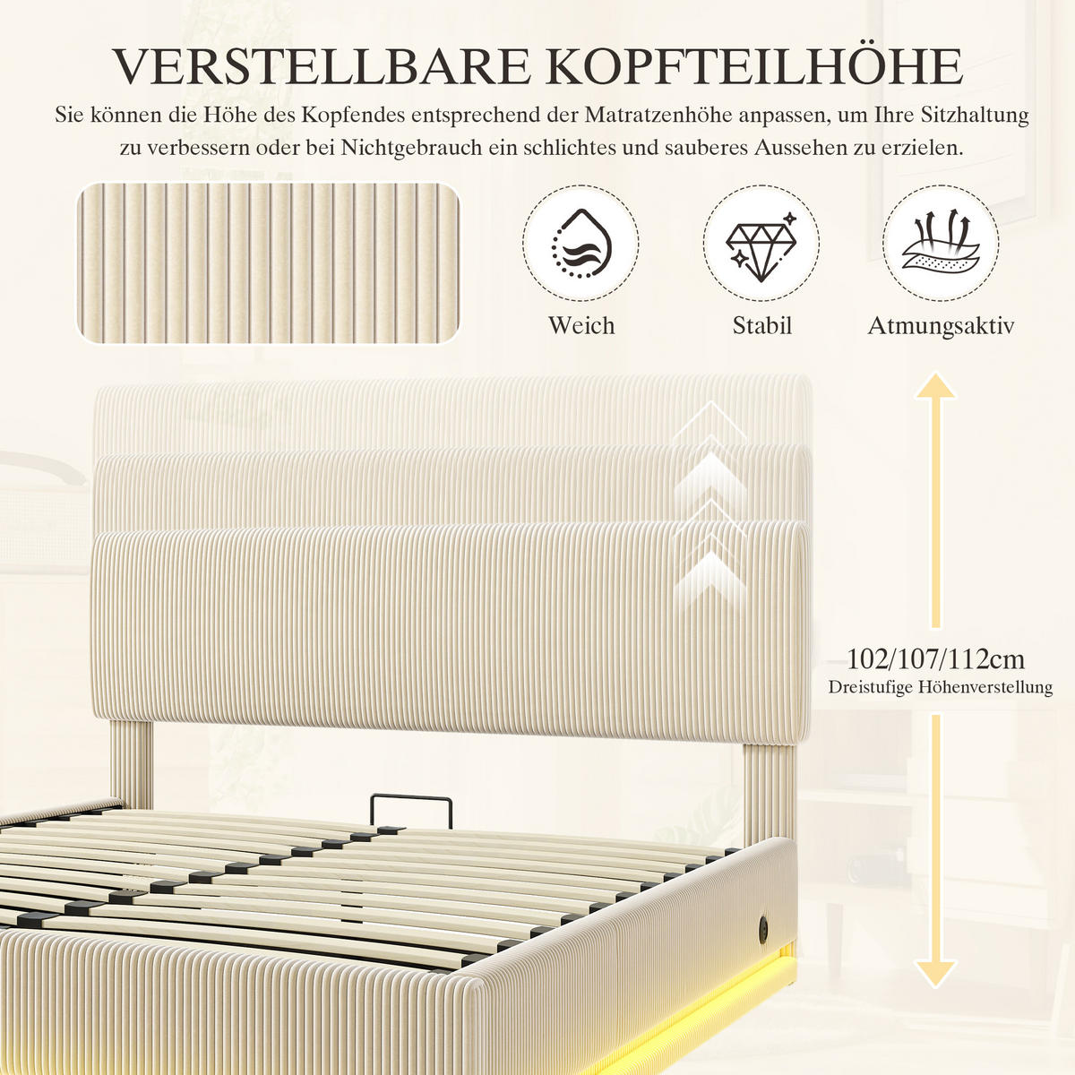 POLSTERBETT 140x200 cm LED USB Stauraum beige - Beige, Textil (140/200cm) - LEBENLANG